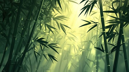 Sunlit bamboo forest, lush green foliage, mystical atmosphere.