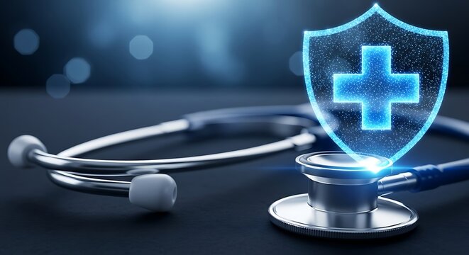 A stethoscope rests near a glowing blue shield with a medical cross symbol