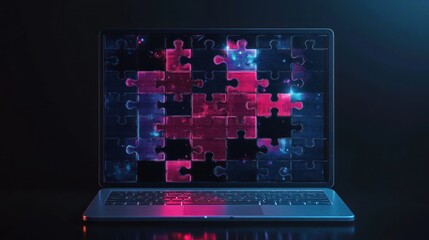 Laptop screen displays glowing puzzle pieces forming a heart shape.