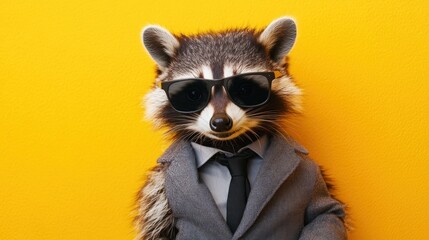 Cool raccoon wearing suit and sunglasses against yellow background.