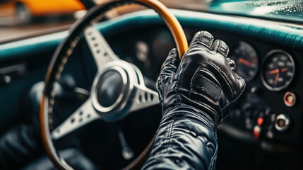 Close-up of a hand in a leather glove gripping a vintage car's steering wheel.