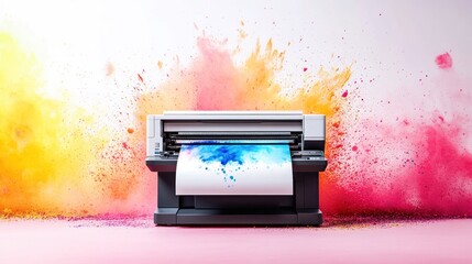 Large format printer printing vibrant colorful artwork against a powder explosion background.