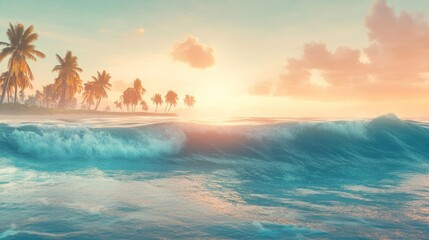 Tranquil sunrise over a tropical beach with palm trees and ocean waves.