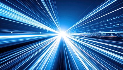 Abstract Blue Light Trails Creating a Dynamic Motion Tunnel with Bright Center Point Visualization of Speed and Technological Data