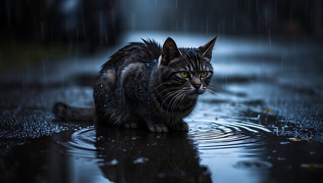 A cute black feline in water and on a rock, with striking green eyes