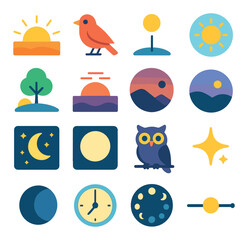 Time of day icon collection. sun, moon, clock, owl, star, bird, mountains flat