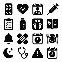 Health icon collection. simple wellness, medicine, heartbeat, stethoscope, diet, moon, doctor, alert symbols