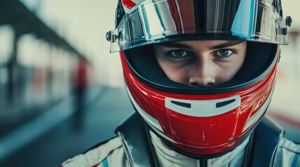 Confident female race car driver in helmet, intense gaze.