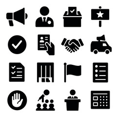 Political icon collection: vote, candidate, ballot, speech, election silhouette