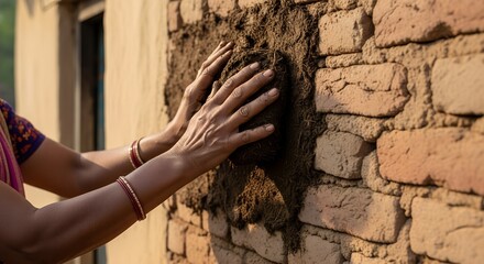 Woman applying mud to brick wall while working on home restoration  