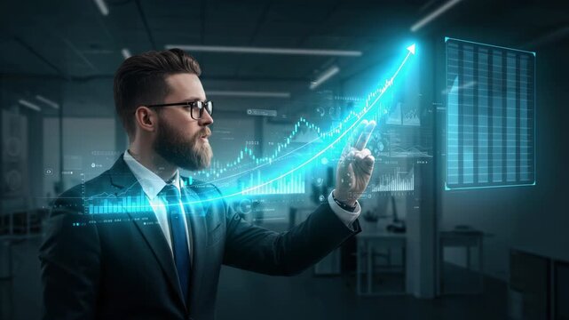 Visionary businessman interacting with virtual financial graphs and future technology trends - Powered by Adobe
