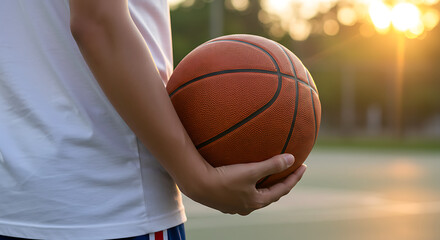 Young man holding basketball outside on court at golden hour
