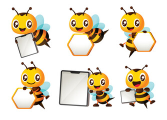 Cute bee cartoon different poses of holding empty digital tablet and honeycomb signage vector illustration set