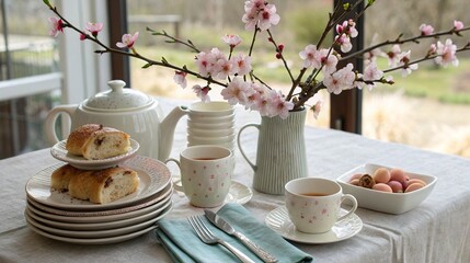 Springtime tea and pastries with cherry blossoms and easter eggs