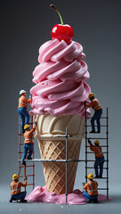 Construction Workers Building a Giant Strawberry Ice Cream Cone with Cherry on Top