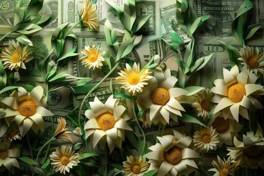 Paper flowers blooming on a bed of dollar bills representing economic growth and financial success