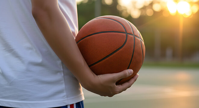 Young man holding basketball outside on court at golden hour