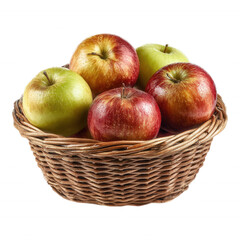 Fresh Red and Green Apples in Wicker Basket on transparent background