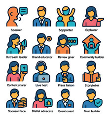 Ambassador role icon collection. simple communication, support, network, trust, advocate, storyteller