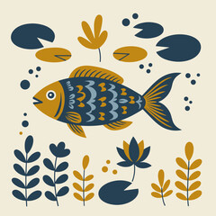 Colorful fish swimming among aquatic plants and lily pads in water  