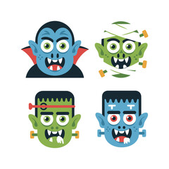 Vector art of a set of cartoon monster faces isolated on white background, perfect for halloween decorations