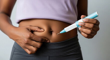 Obraz premium Young Black woman holding an injector near abdomen, preparing for self-injection semaglutide treatment for weight loss . treatment into her belly using an inject, concept of healthcare