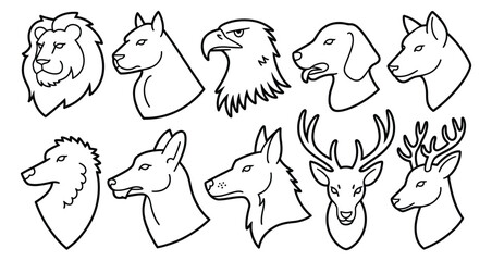Obraz premium Minimal animal head silhouette icon set in black and white line art featuring lion, eagle, horse, cat, deer, wolf, and forest wildlife faces