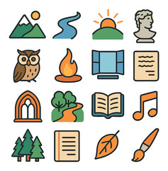 Inspirational icon collection. simple style icons: sunset, river, owl, fire, book, leaf, music note