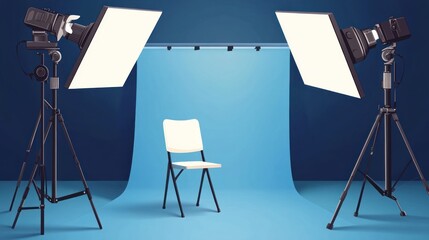 Studio photography setup with lights, backdrop, and chair.
