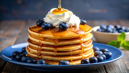 Stacked pancakes drizzled with syrup, topped with whipped cream and blueberries, on a wooden table
