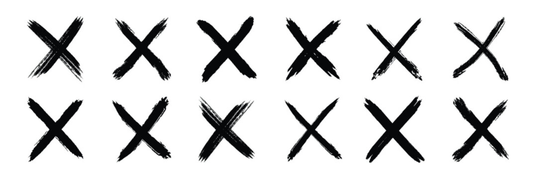 Hand-drawn black cross marker. Grunge black x sign. Black cross marker. Check mark icon vector crosses. eps 10