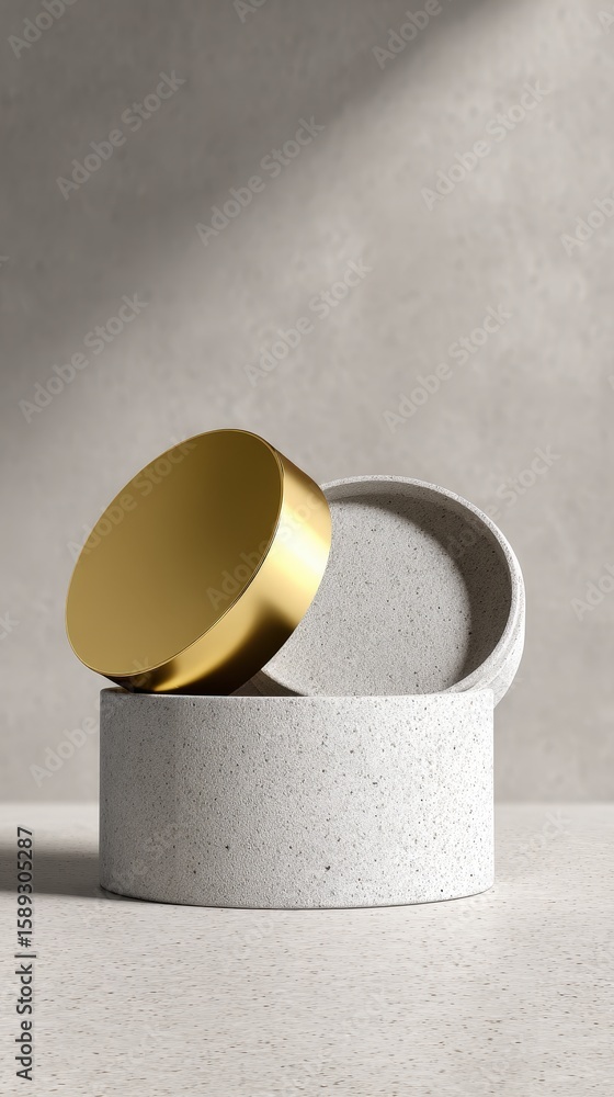 Aufkleber minimalist open round stone container with a textured surface and a shiny gold lid, set against a ne
