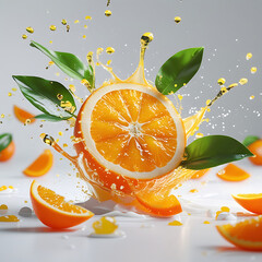 Fresh Orange Splash with Juicy Citrus Slices and Leaves in Motion