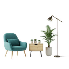 Fototapeta premium Living room setup with furniture and plant isolated on transparent background