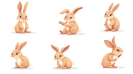 Six adorable cartoon bunnies in various poses on a white background.