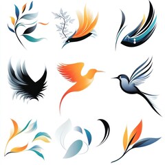 Collection of stylized bird and floral designs.