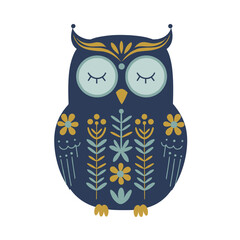 Colorful illustration of an owl in scandinavian style with floral patterns and closed eyes