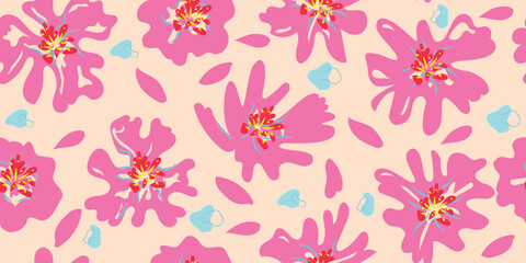 Hand drawn flowers seamless patterns, floral abstract background. Illustration for fabric, textiles, clothing, wall art, printing and design project, etc.