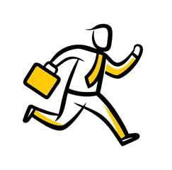 Running Businessman Icon with Briefcase and Tie in Yellow and Black Minimal Style.