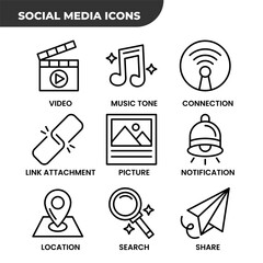 Social media line icon set. Including Location, Music Tone, Connection, Notification, Picture, Search, Video, Link Attachment. Minimalist icon in Outline style Vector collection.