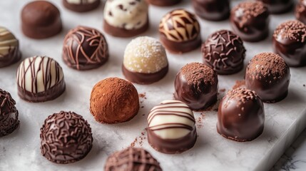 A marble slab with an assortment of handmade pralines and truffles, some dusted with cocoa, some with intricate patterns, luxury and craftsmanship, beautiful details.