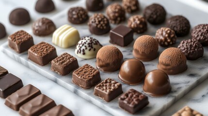 A s marble slab with an assortment of handmade pralines and truffles, some dusted with cocoa, some with intricate patterns, luxury and craftsmanship, beautiful details.