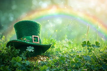 St. Patrick's Day green hat with gold coins and shamrocks under rainbow in meadow