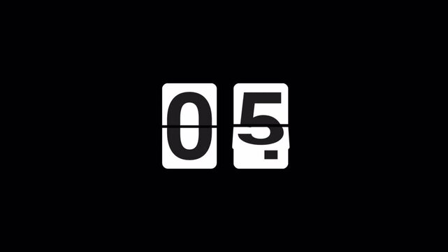 5 seconds countdown timer with transperent back graound. 05 second Flip Countup Timer Animation from 0 to 05 with, Vibrant Digital Effects with alpha chanel in 4k.