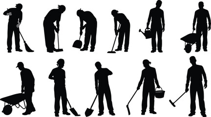 Obraz premium Silhouette of workers performing various gardening, cleaning, and maintenance tasks, outdoor laborers, people working with tools, vector illustration, isolated