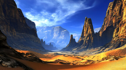 Desert canyon, dramatic peaks, bright sky.  Vast landscape,  sunlit,  mountainous terrain