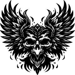 Obraz premium Dark Angel Skull: Black and white emblem featuring a menacing skull with stylized wings, radiating a powerful gothic aesthetic.