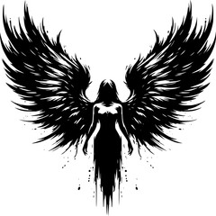 Dark Angel Wings: A dramatic illustration of a dark angel, wings spread wide, in a powerful and mysterious pose. The silhouette evokes a sense of strength and otherworldly presence.