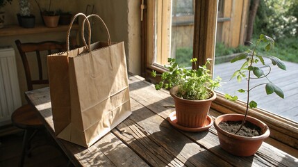 Brown paper bag and potted plants on a rustic wooden table by the window