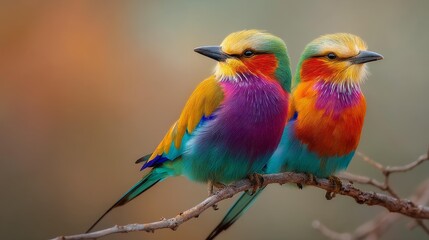 Obraz premium Two stunning colorful birds resting gracefully on a branch amidst a lush natural environment